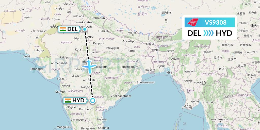 VS9308 Virgin Atlantic Airways Flight Map: Delhi to Hyderabad