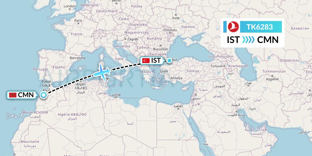 TK6283 Turkish Airlines Flight Map: Istanbul to Casablanca