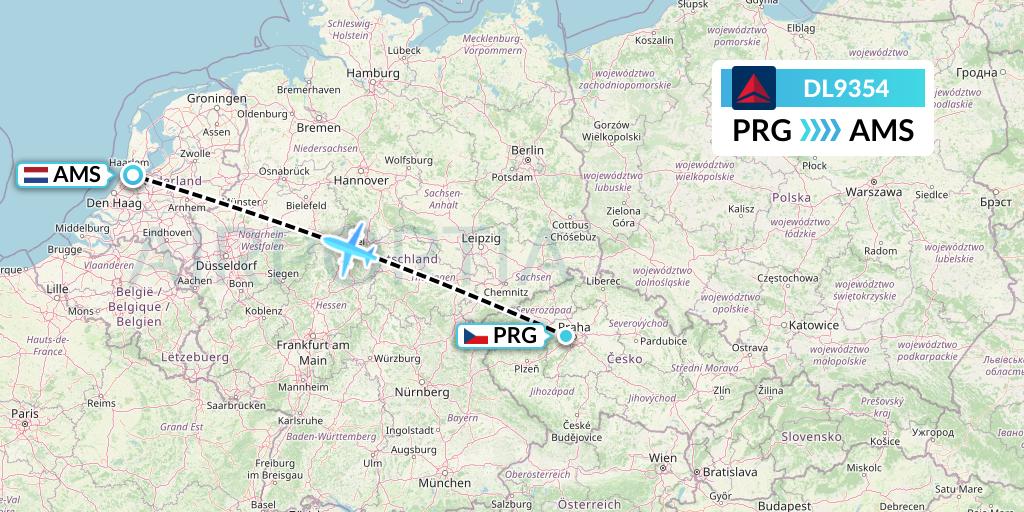 DL9354 Delta Air Lines Flight Map: Prague to Amsterdam