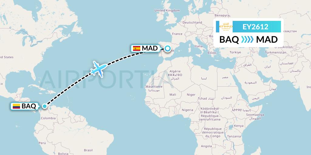 EY2612 Etihad Airways Flight Map: Barranquilla to Madrid