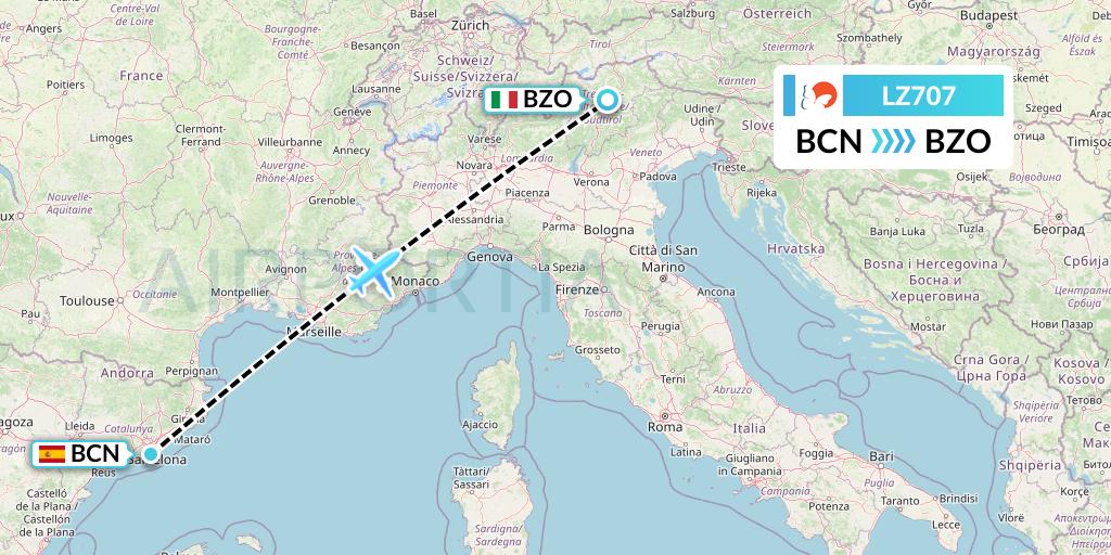 LZ707 Air Link Flight Map: Barcelona to Bolzano