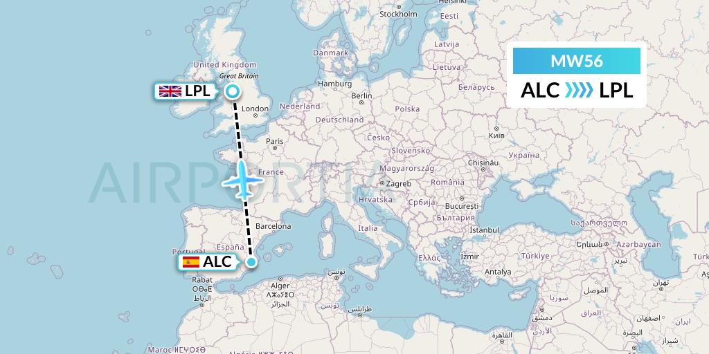MW56 Mokulele Flight Service Flight Map: Alicante to Liverpool