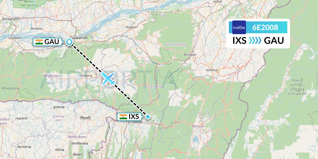 6E2008 IndiGo Airlines Flight Map: Silchar to Guwahati
