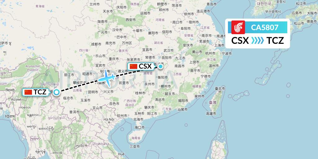 CA5807 Air China Flight Map: Changsha to Tengchong