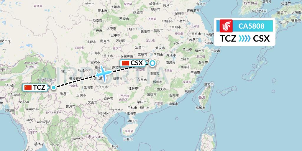 CA5808 Air China Flight Map: Tengchong to Changsha