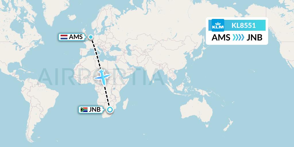 KL8551 KLM Flight Map: Amsterdam to Johannesburg