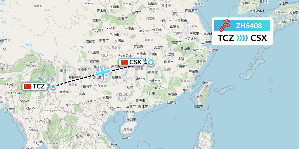 ZH5408 Shenzhen Airlines Flight Map: Tengchong to Changsha