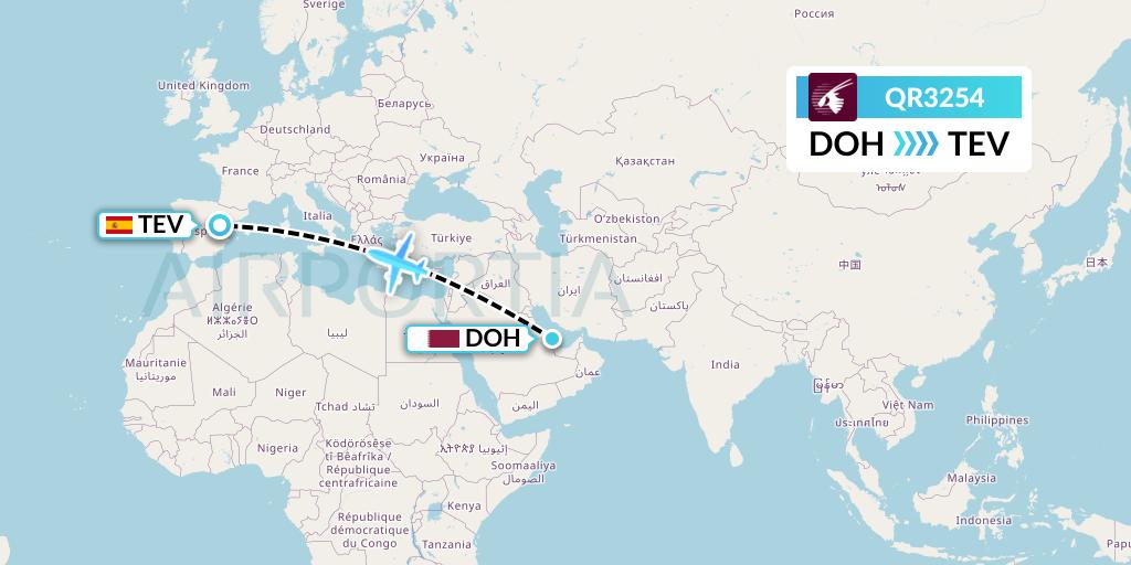 QR3254 Qatar Airways Flight Map: Doha to Teruel
