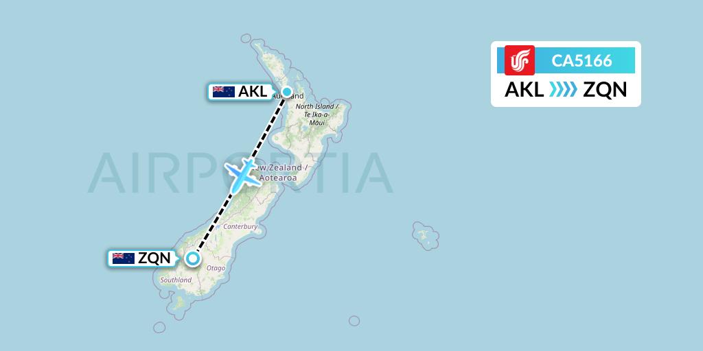 CA5166 Air China Flight Map: Auckland to Queenstown