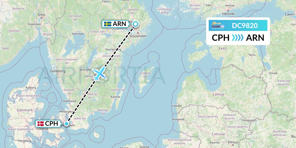 DC9820 Braathens Regional Flight Map: Copenhagen to Stockholm