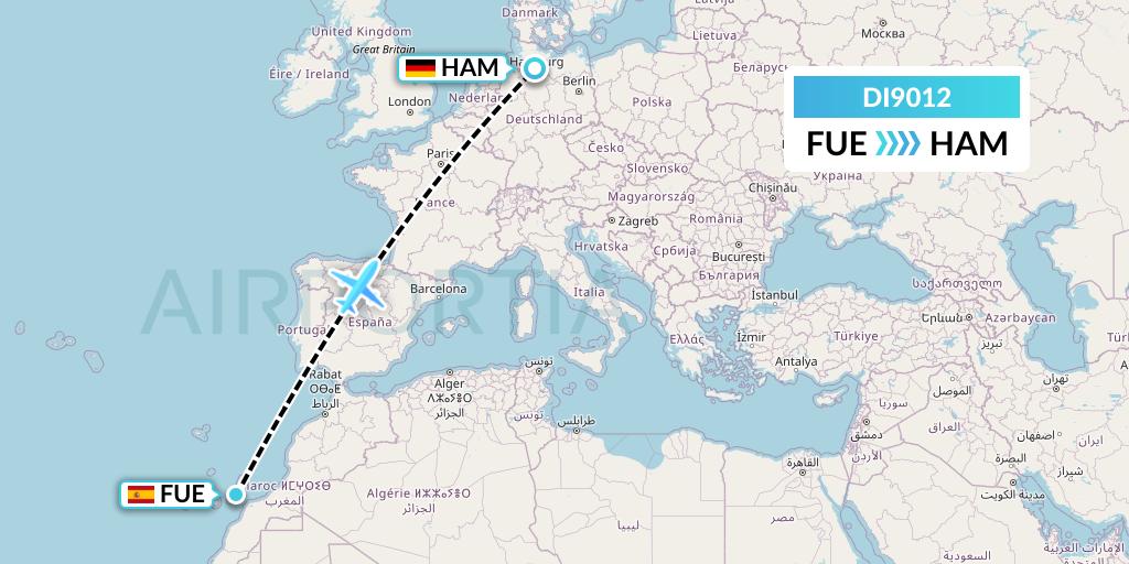 DI9012 Marabu Airlines Flight Map: Fuerteventura to Hamburg