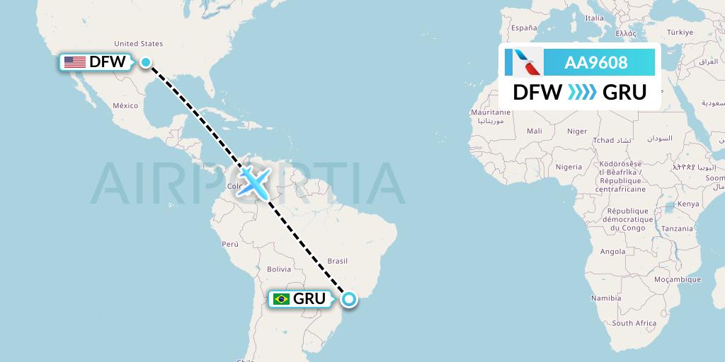 AA9608 American Airlines Flight Map: Dallas to Sao Paulo
