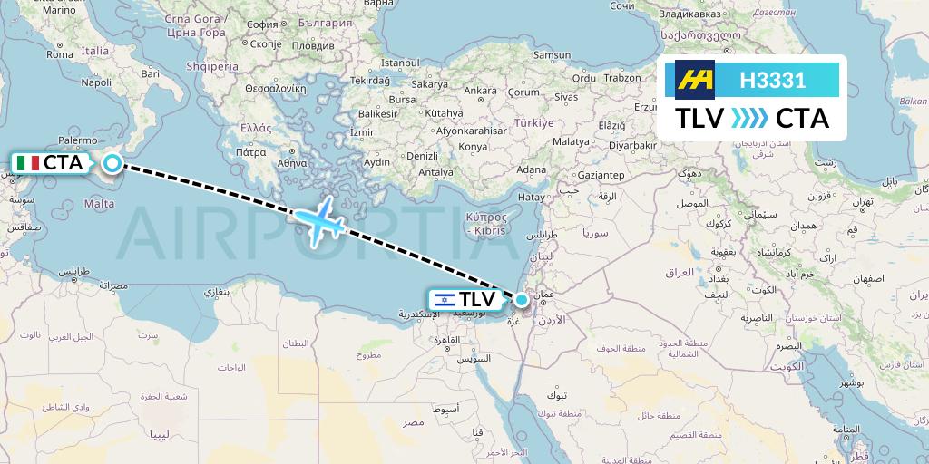 H3331 Harbour Air Flight Map: Tel Aviv to Catania