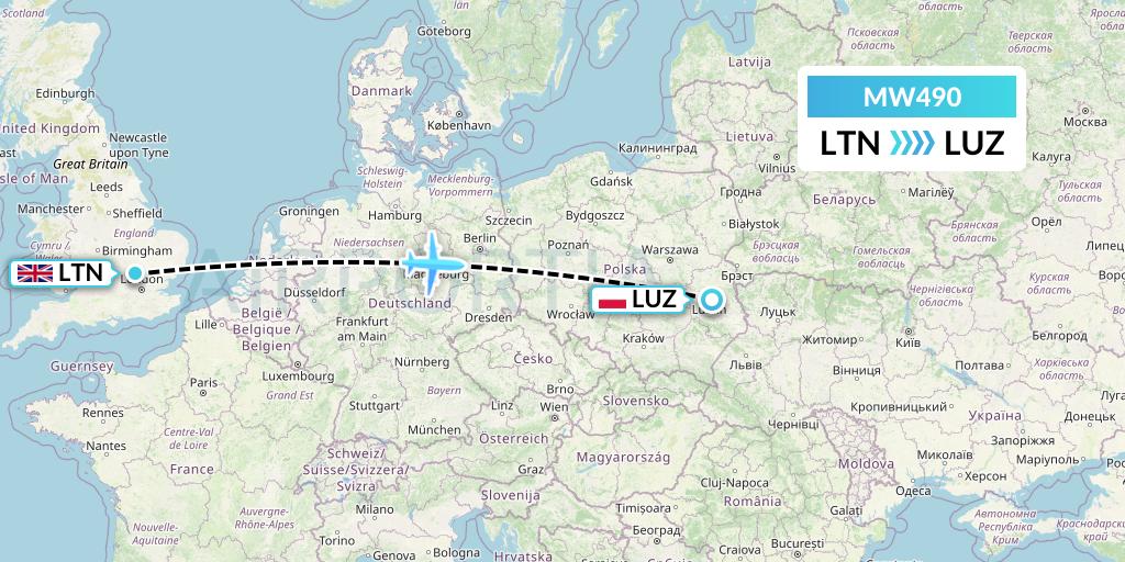 MW490 Mokulele Flight Service Flight Map: London to Lublin