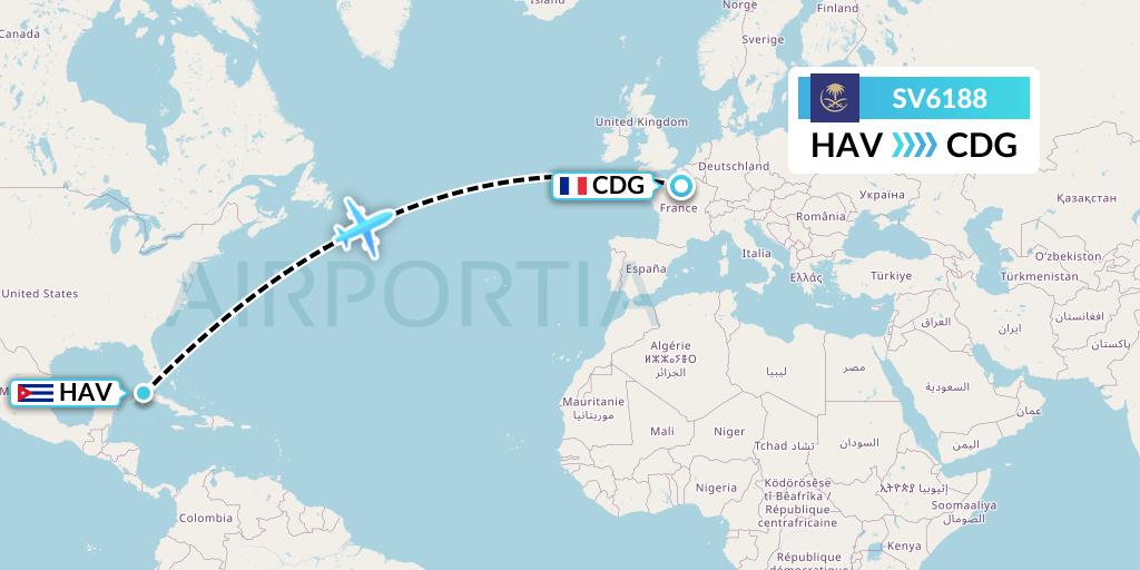 SV6188 Saudi Arabian Airlines Flight Map: Havana to Paris