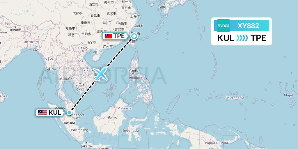 XY882 Flynas Flight Map: Kuala Lumpur to Taipei