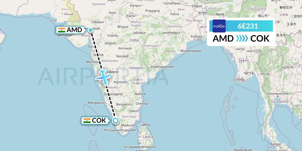 6E231 IndiGo Airlines Flight Map: Ahmedabad to Cochin