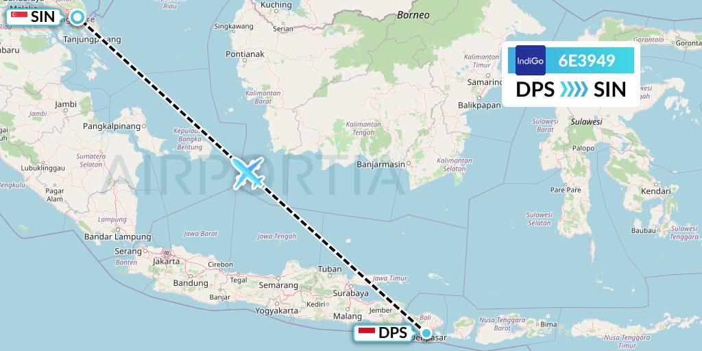 6E3949 IndiGo Airlines Flight Map: Denpasar to Singapore