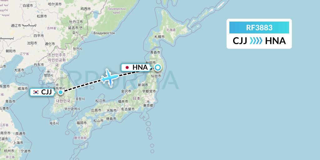 RF3883 Aero K Airlines Flight Map: Cheongju to Hanamaki