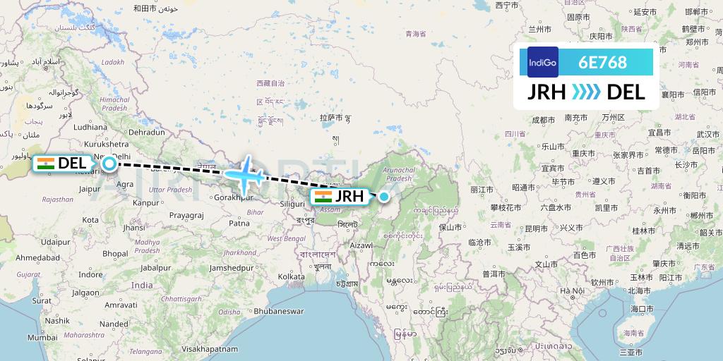 6E768 IndiGo Airlines Flight Map: Jorhat to Delhi
