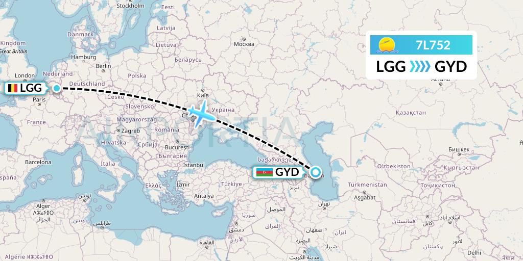 7L752 Silk Way West Airlines Flight Map: Liege to Baku