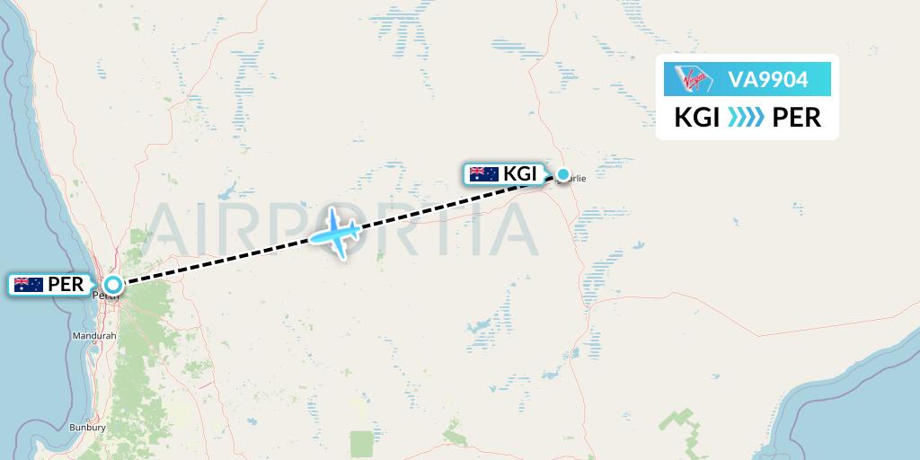 VA9904 Virgin Australia Flight Map: Kalgoorlie to Perth