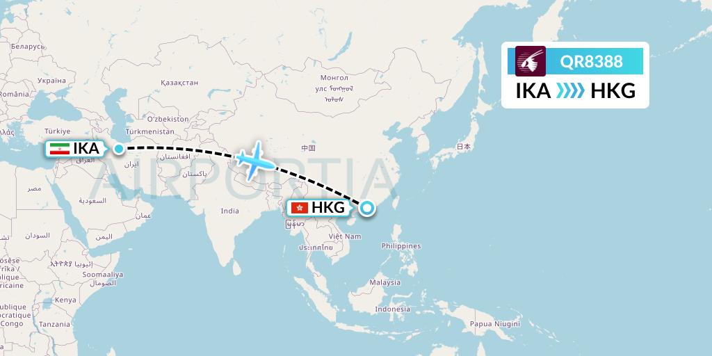 QR8388 Qatar Airways Flight Map: Tehran to Hong Kong