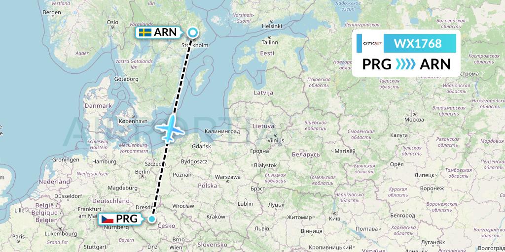 WX1768 Cityjet Flight Map: Prague to Stockholm