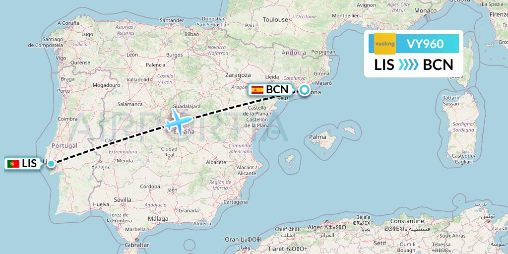 VY960 Vueling Flight Map: Lisbon to Barcelona