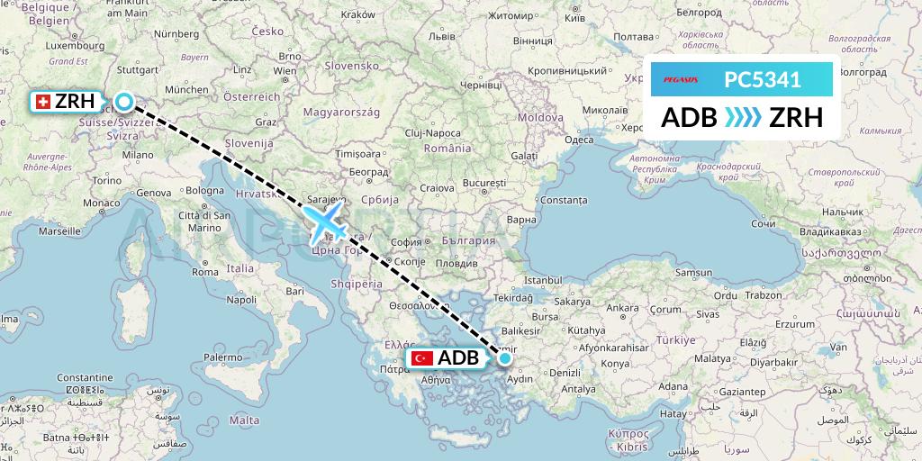 PC5341 Pegasus Airlines Flight Map: Izmir to Zurich