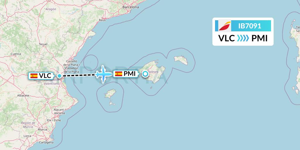 IB7091 Iberia Flight Map: Valencia to Palma de Mallorca