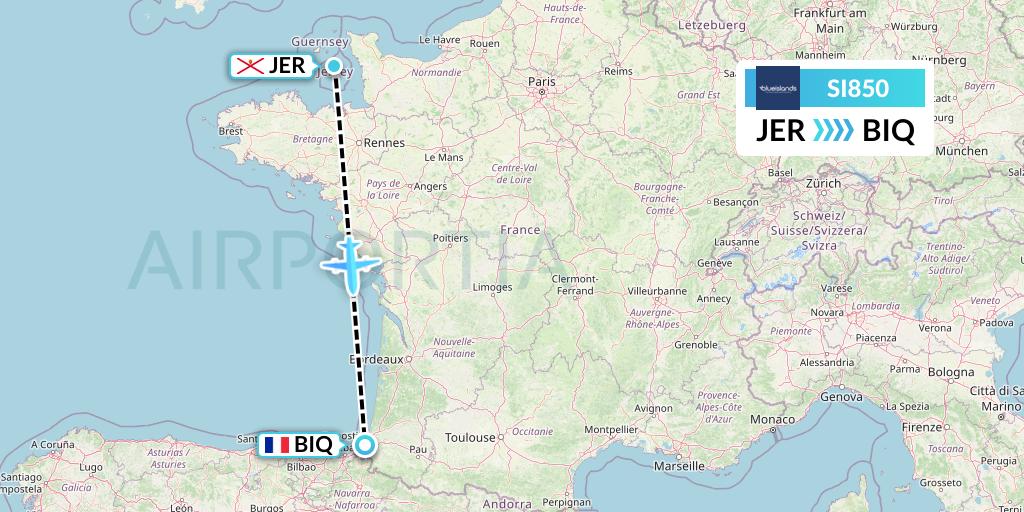 SI850 Blue Islands Flight Map: Jersey to Biarritz