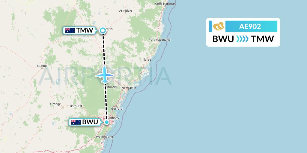 AE902 Mandarin Airlines Flight Map: Bankstown to Tamworth