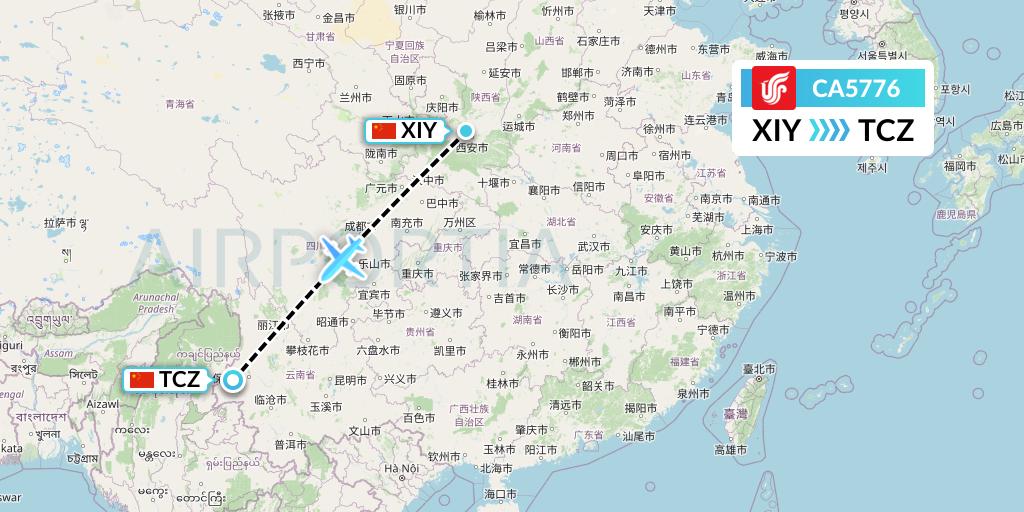 CA5776 Air China Flight Map: Xi'an to Tengchong