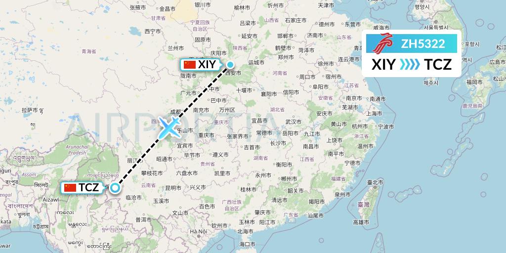 ZH5322 Shenzhen Airlines Flight Map: Xi'an to Tengchong
