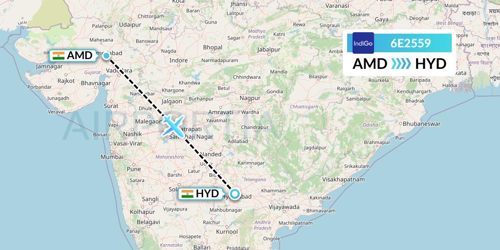 6E2559 IndiGo Airlines Flight Map: Ahmedabad to Hyderabad