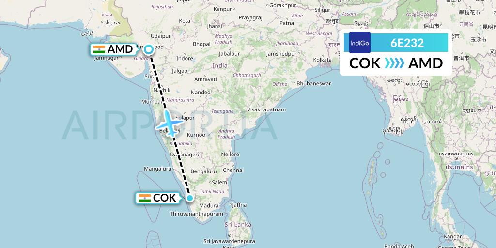 6E232 IndiGo Airlines Flight Map: Cochin to Ahmedabad
