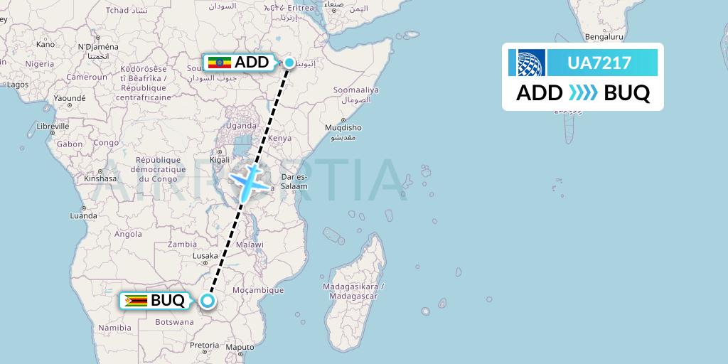 UA7217 United Airlines Flight Map: Addis Ababa to Bulawayo