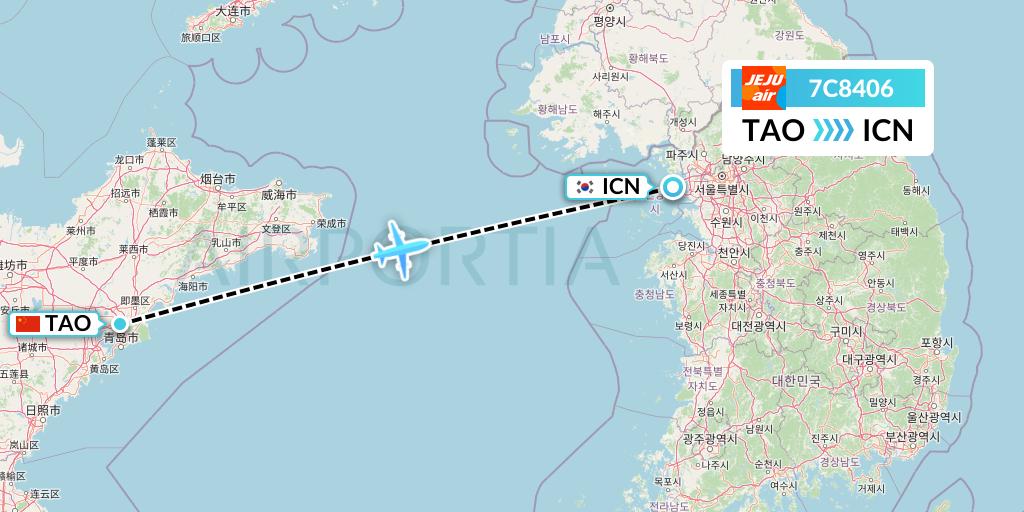 7C8406 Jeju Air Flight Map: Qingdao to Seoul
