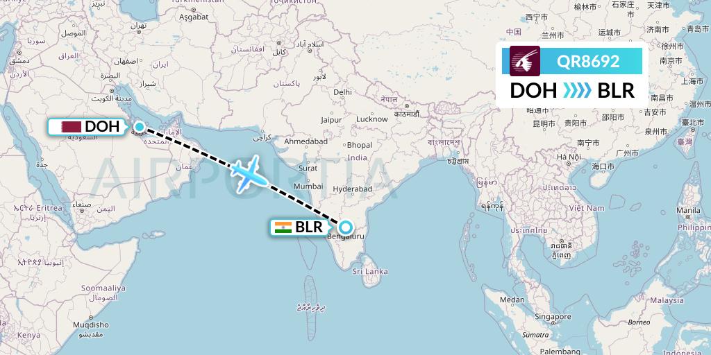 QR8692 Qatar Airways Flight Map: Doha to Bangalore