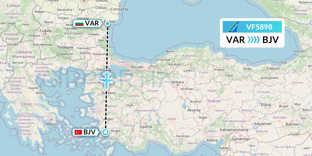 VF5898 ValuAir Flight Map: Varna to Bodrum