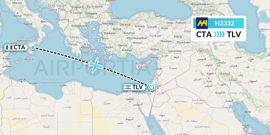 H3332 Harbour Air Flight Map: Catania to Tel Aviv