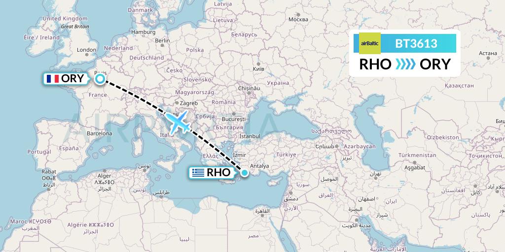BT3613 Air Baltic Flight Map: Rhodes to Paris