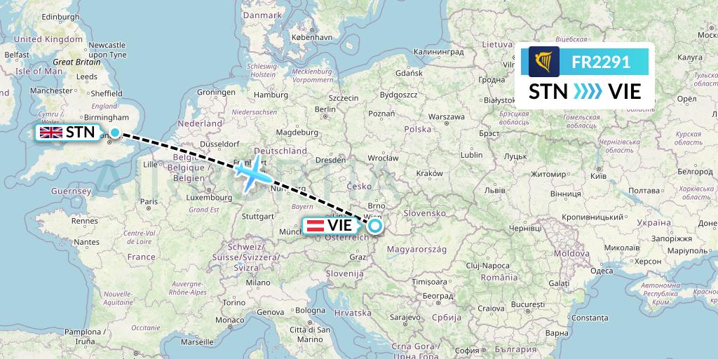 FR2291 Ryanair Flight Map: London to Vienna