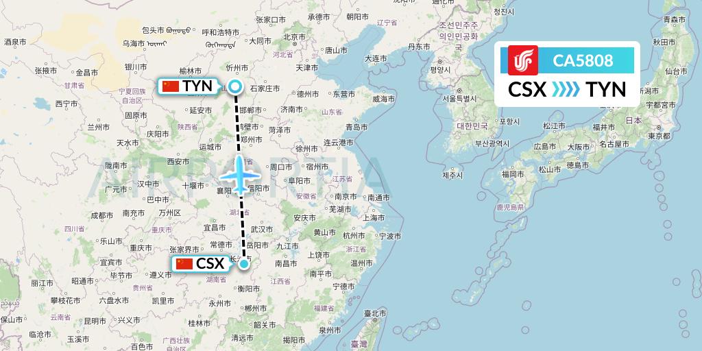 CA5808 Air China Flight Map: Changsha to Taiyuan