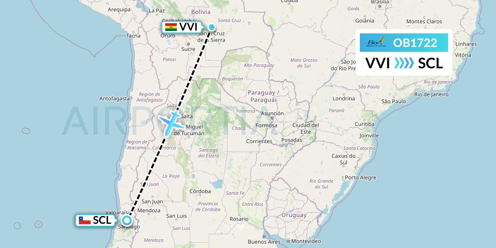 OB1722 Boliviana de Aviacion Flight Map: Santa Cruz to Santiago