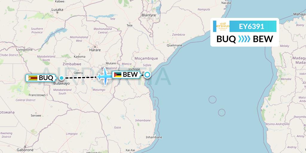 EY6391 Etihad Airways Flight Map: Bulawayo to Beira