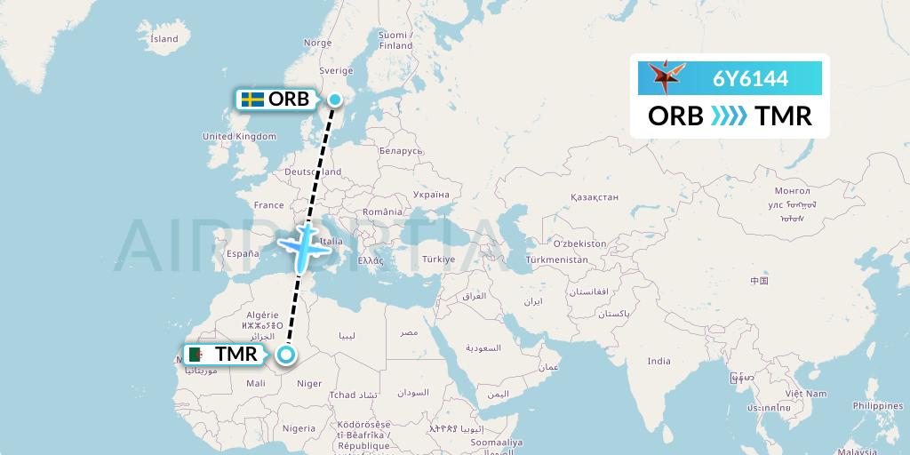 6Y6144 SmartLynx Flight Map: Orebro to Tamanrasset