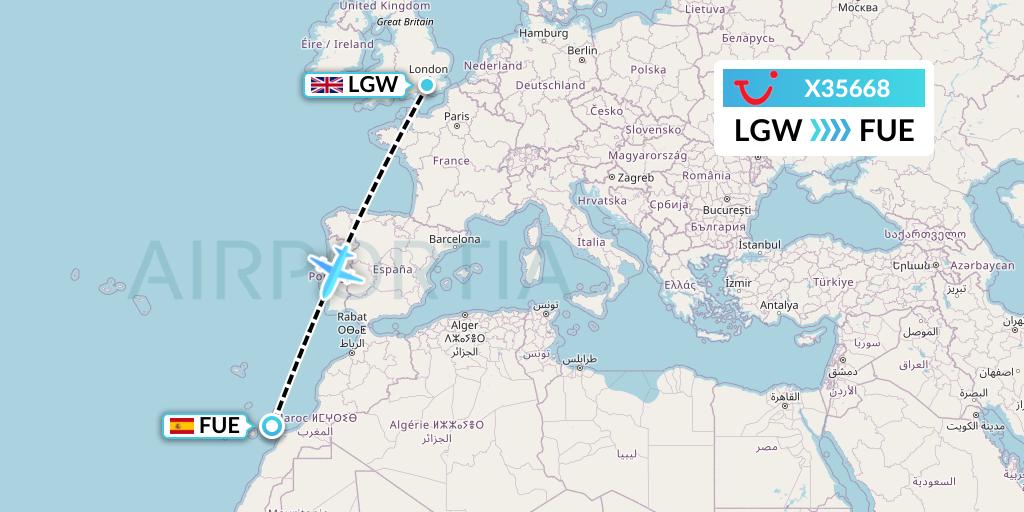 X35668 TUI fly Germany Flight Map: London to Fuerteventura