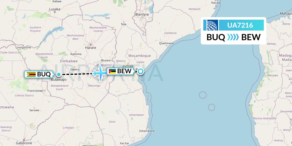 UA7216 United Airlines Flight Map: Bulawayo to Beira